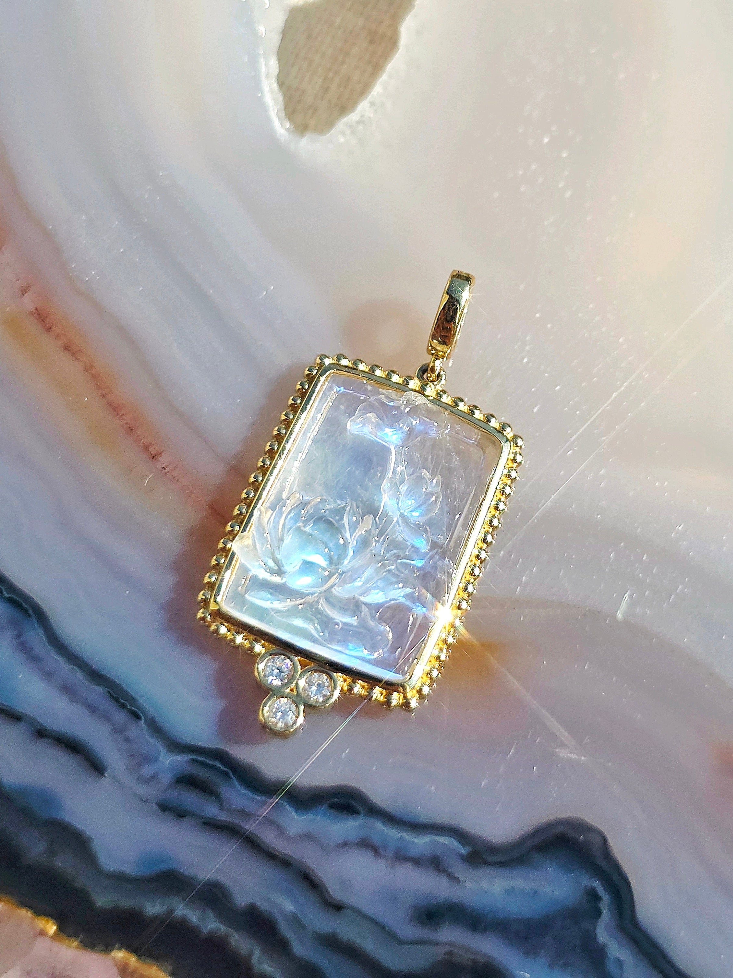 18k Yellow Gold Handcarved Lotus Flower Rainbow Moonstone Pendant | Indulgems | Designs in Real Gold