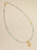 14K Yellow Gold Multicolor Aquamarine Gemstone Necklace 17" with 24K Gold Rainbow Moonstone & Diamond Charm