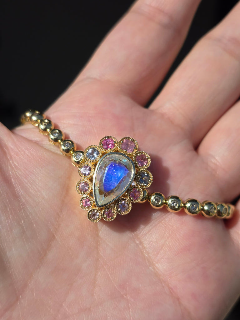 14k Yellow Gold Madagascar Rainbow Moonstone & Multicolor Spinel Pendant Clip | Indulgems | Starlit Collection