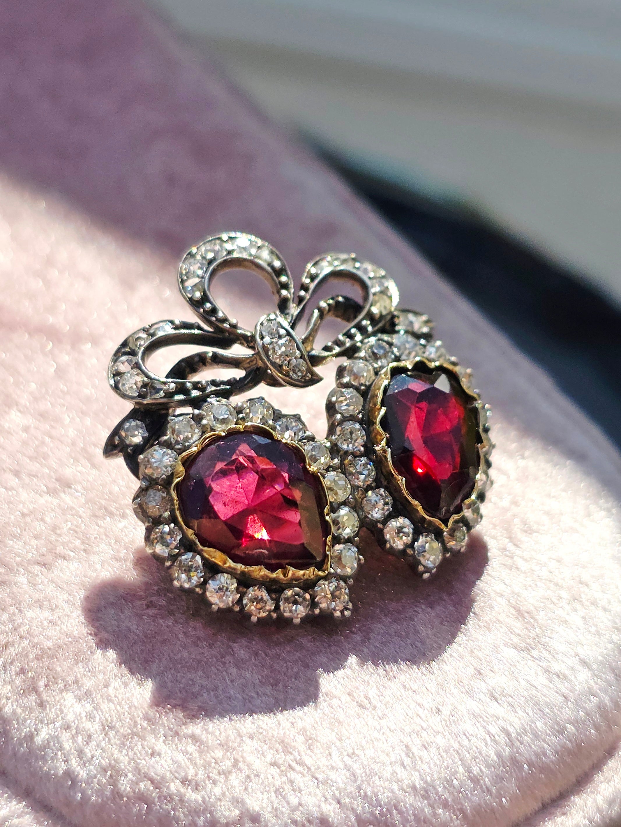 14k Gold & Silver Victorian Antique Double Heart Garnet and Diamond Brooch | Indulgems