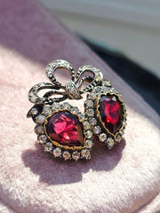 14k Gold & Silver Victorian Antique Double Heart Garnet and Diamond Brooch | Indulgems