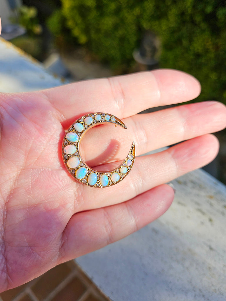 12K Gold Antique Opal & Diamond Crescent Moon Brooch Pendant