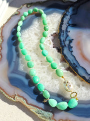14k & 18k Solid Gold  - Chrysoprase & Freshwater Baroque Pearl Diamond Star Gemstone Necklace 19"