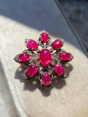 14k Gold & Silver Antique Ruby Cabochon Diamond Brooch | Indulgems