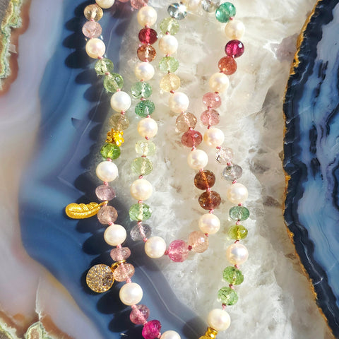 Multicolor Tourmaline and Freshwater Pearl 18K Gold Necklace 18"