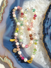 Multicolor Tourmaline and Freshwater Pearl 18K Gold Necklace 18"