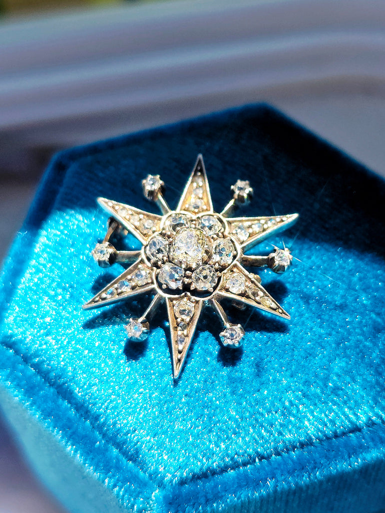 14K Yellow Gold & Silver - Antique Diamond Star Brooch | Indulgems | Designs in Real Gold