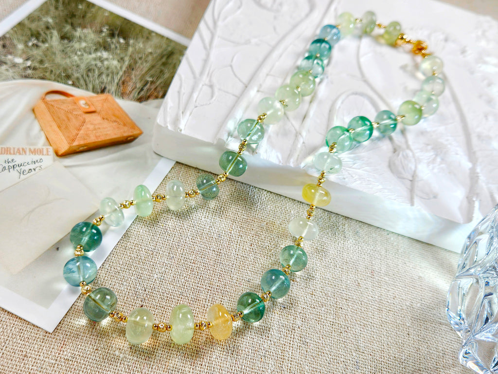 Natural Prehnite Gemstone Large Gemmy Bead 14k Yellow Gold Necklace 18"