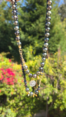 18k Solid Gold Tahitian Pearl Necklace with 3 Charms Oxidized Sterling Silver Coin in 24k Gold