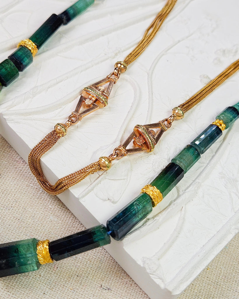 2IN1 - 18K Yellow Rose Two-Tone Gold Antique Watch Chain & Natural Green Tourmaline Faceted Barrel Gemstone Necklace
