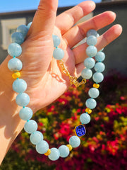 18k Solid Gold XL Chunky Milky Aquamarine & Handcarved Lapis Gemstone Bead Necklace 20" | Indulgems | Designs in Real Gold