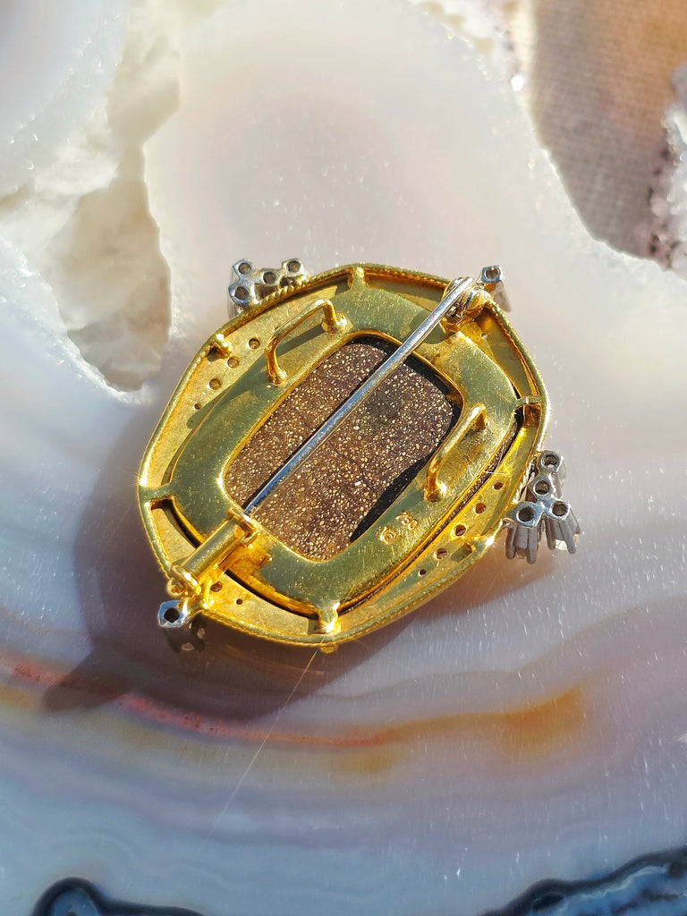 18k Yellow Gold Boulder Opal & Diamond Brooch Pendant with Scarab Beetle Motif | Indulgems